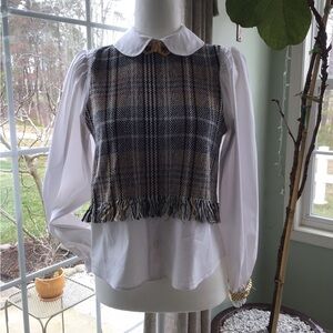 Plaid Fringe Vest with White Blouse